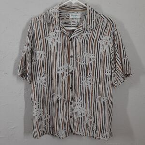 Caribbean Button Down Shirt Men's Size M Brown White Silk Blend Short Sleeve